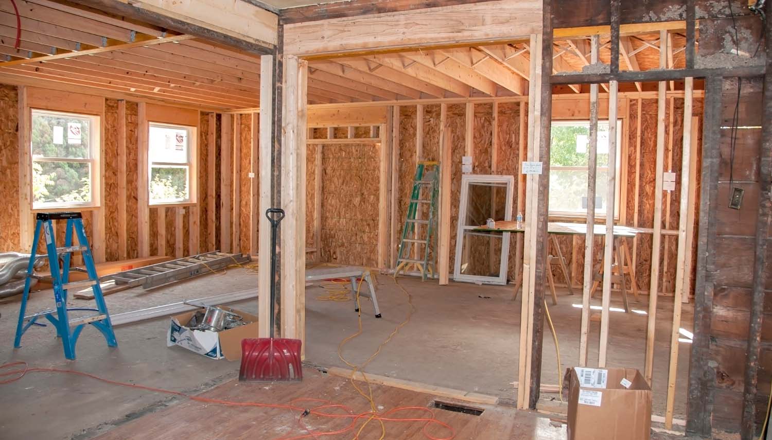 interior view of a home remodeling in progress framing with windows during a home remodeling project in san antonio