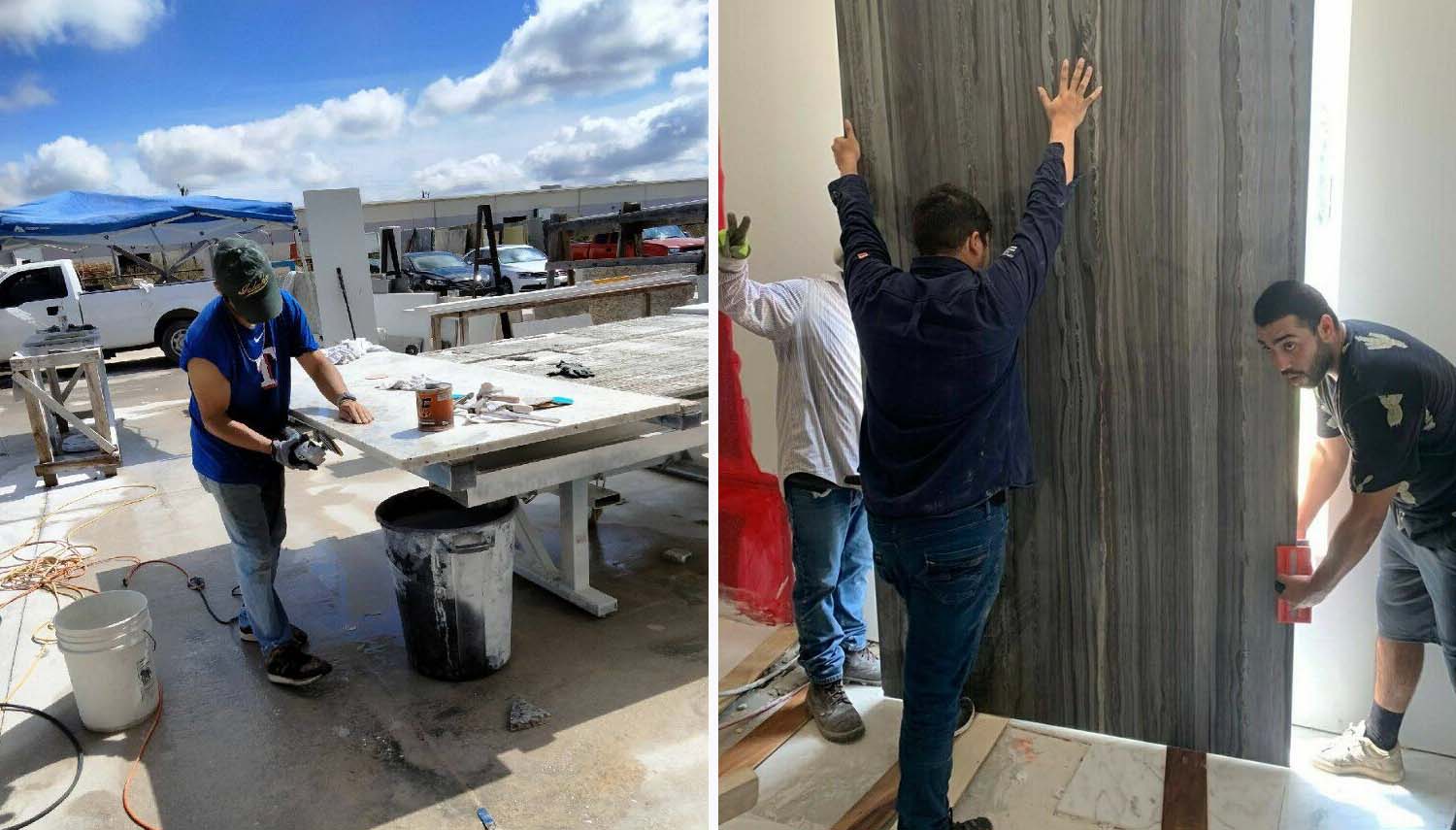 cutting countertops at the slab yard for countertop installation