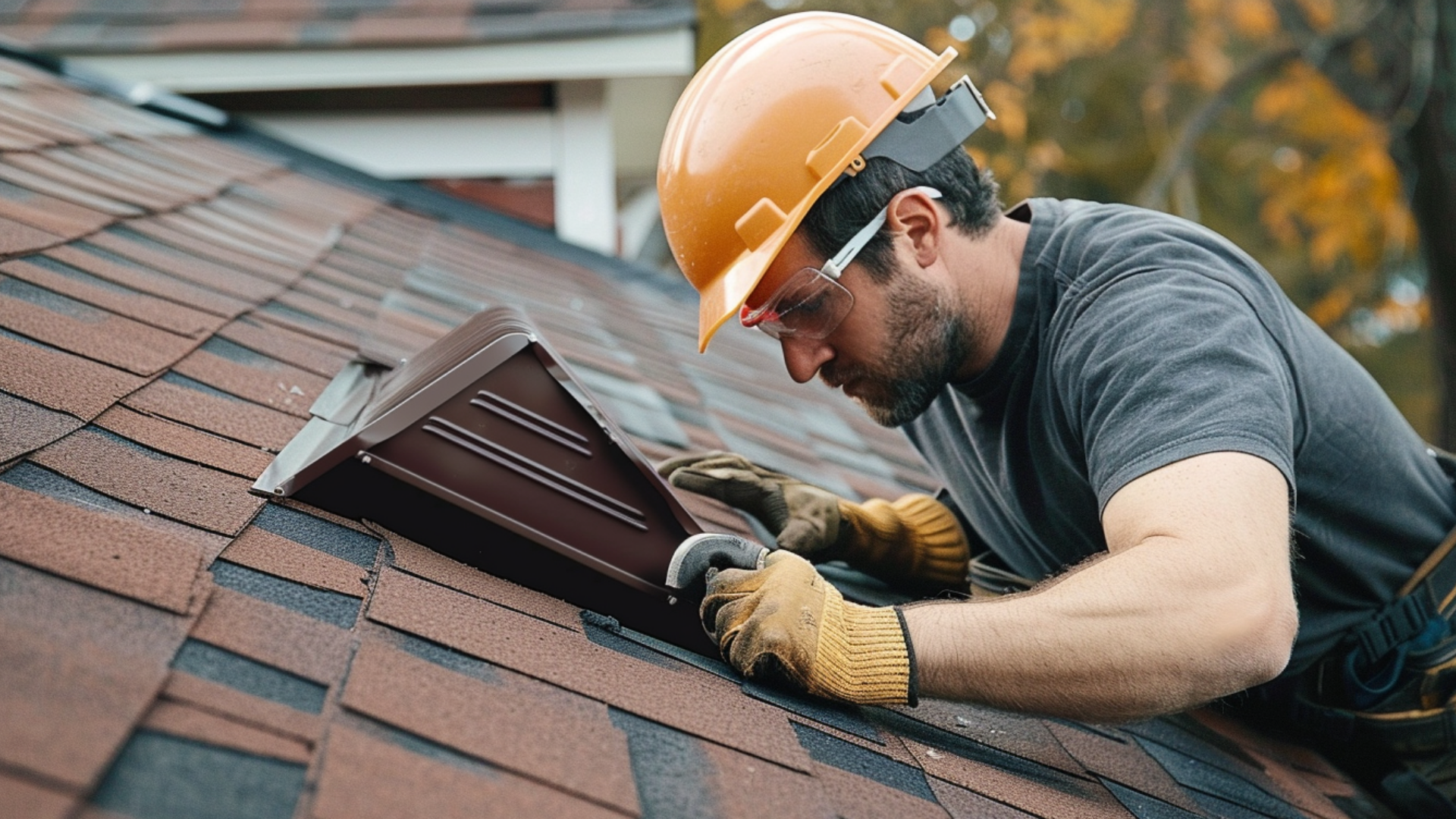An image of a roofer installing a roof ventilation in asphalt shingles roof on a picturesque suburban home, wearing safety quipment and glasses.