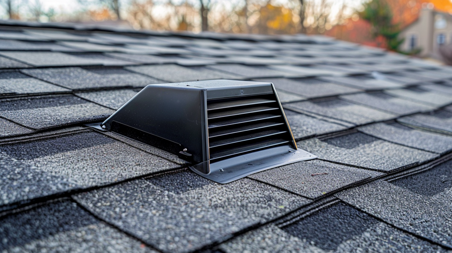 image of a roof ventilation installed in asphalt shingles roof on a picturesque suburban home.