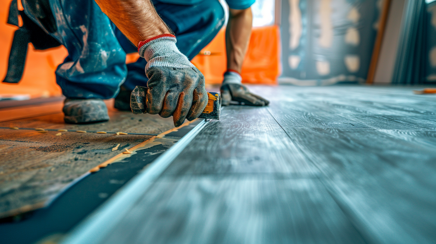 Wide shot: A Construction worker installing a new laminate flooring