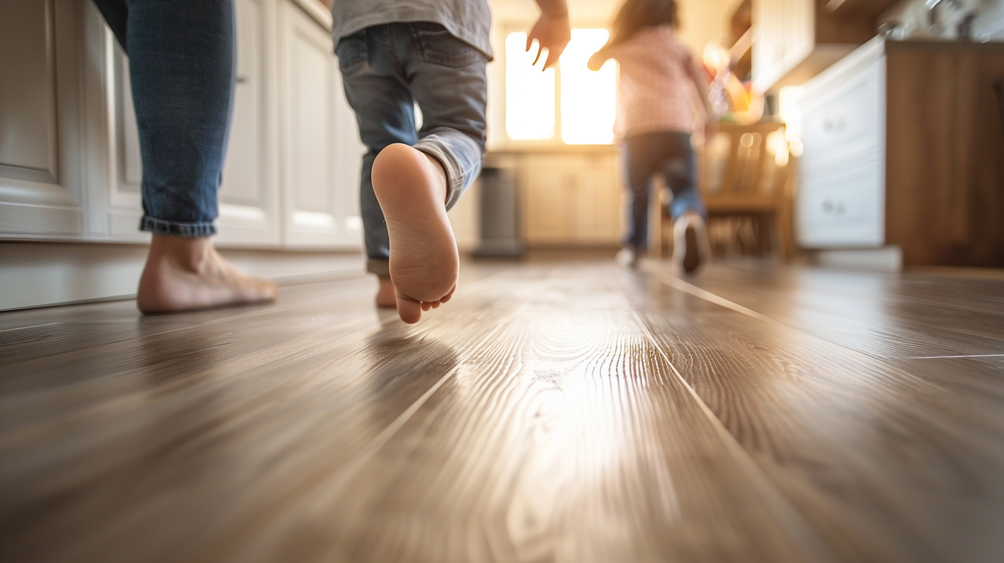 Interior design photo of a family's feet walking on a realistic vinyl wood plank flooring, in the kitchen of IKEA premium design, on the laminate floor, ultramodern premium design.