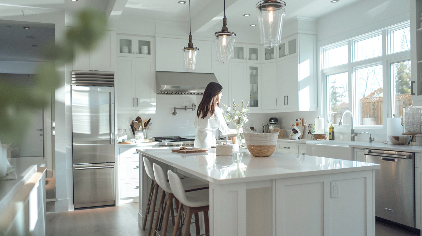 Editorial Style photo, eye-level camera angle, modern style farmhouse, kitchen, the island as a focal point, wolf appliances, white tones, afternoon, cozy Mood, Contemporary Architecture, clean, modern kitchen with the cleaning lady in the foreround, wide shot
