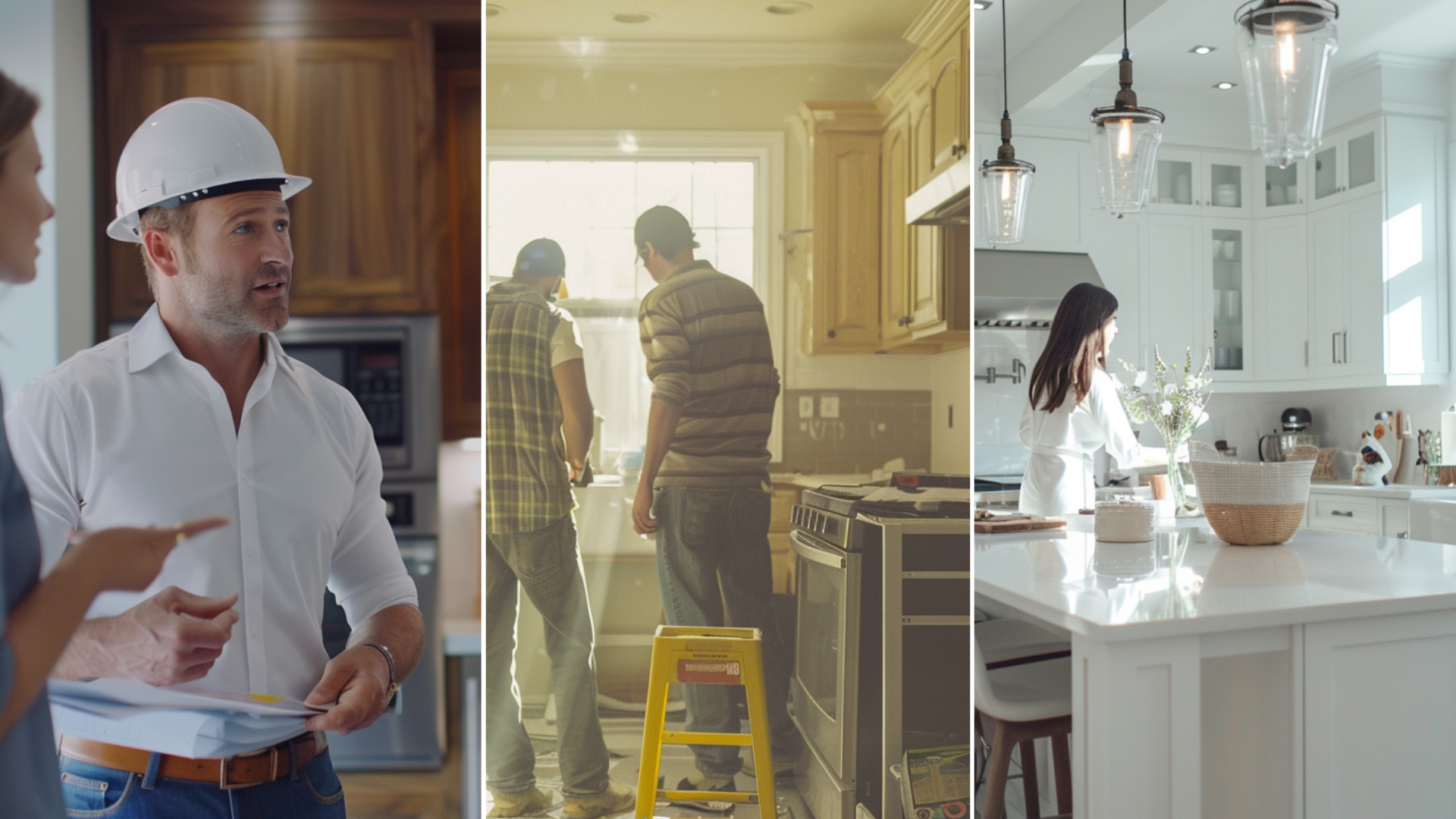 In the foreground, a man wearing a white hard hat is engaged in a discussion with a customer who doesn't have a hard hat. Create a picture of two workers working on kitchen remodeling, just small changes. Editorial Style photo, eye-level camera angle, modern style farmhouse, kitchen, the island as a focal point, wolf appliances, white tones, afternoon, cozy Mood, Contemporary Architecture, clean, modern kitchen with the cleaning lady in the foreround, wide shot.