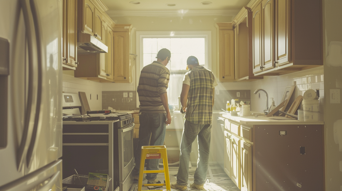Create a picture of two workers working on kitchen remodeling, just small changes.