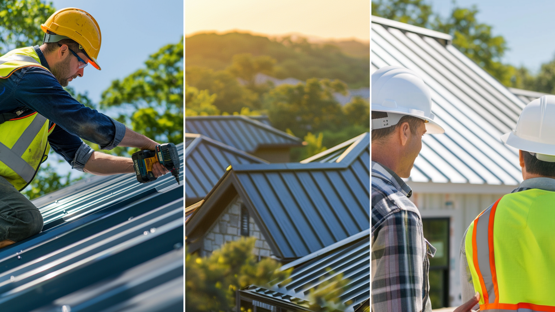 Roofer is doing a residential standing seam metal roof installation, A premium metal steel roofing on Texas homes, and<br />
Two skilled roofing contractors.