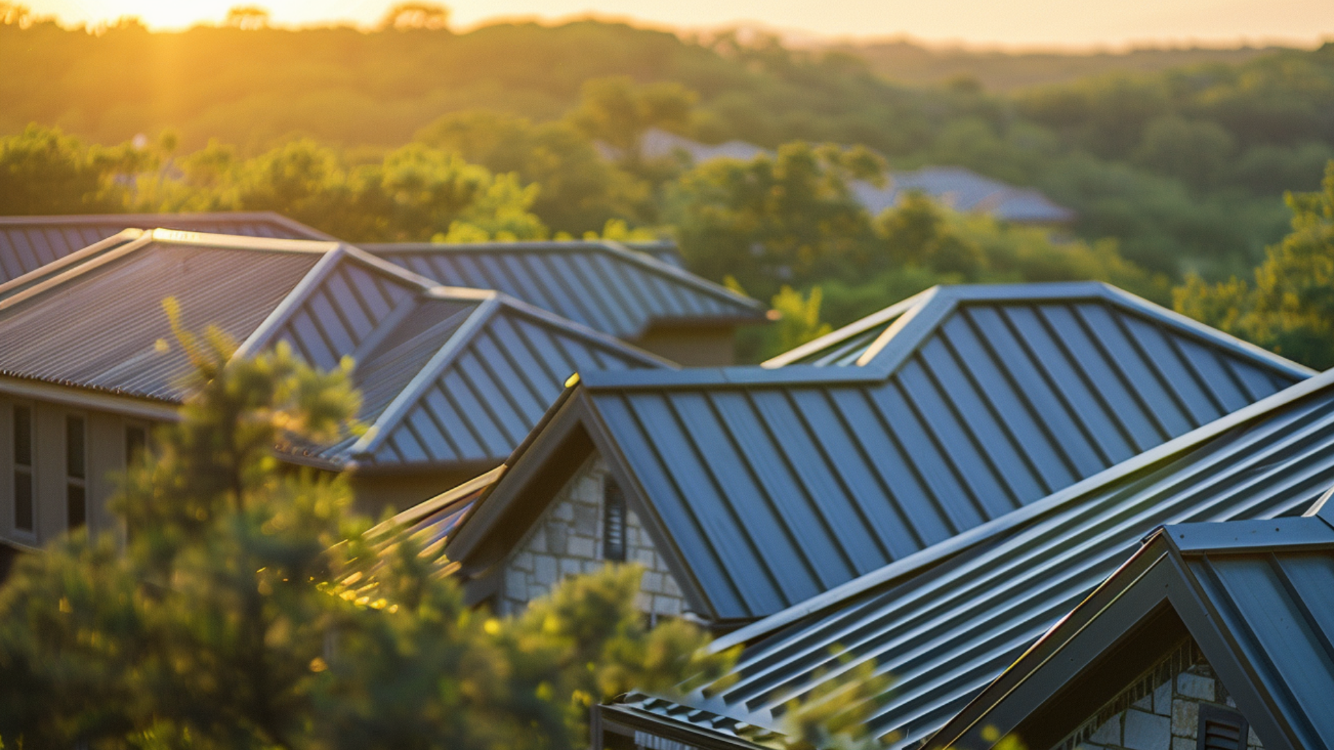 A premium metal steel roofing on Texas homes, greenery background, close-up, golden hour condition.
