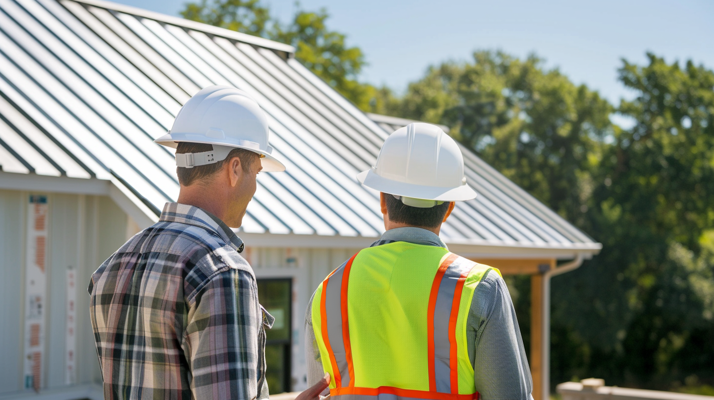 Two skilled roofing contractors, identifiable by their white hard hats and high-visibility vests, are admiring a newly installed standing seam metal roof on a picturesque suburban home .