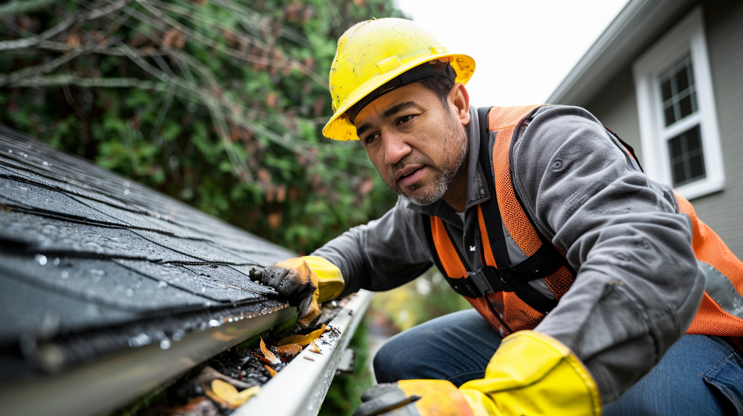 a roofing contractor is inspecting the gutters and drainage on a roof