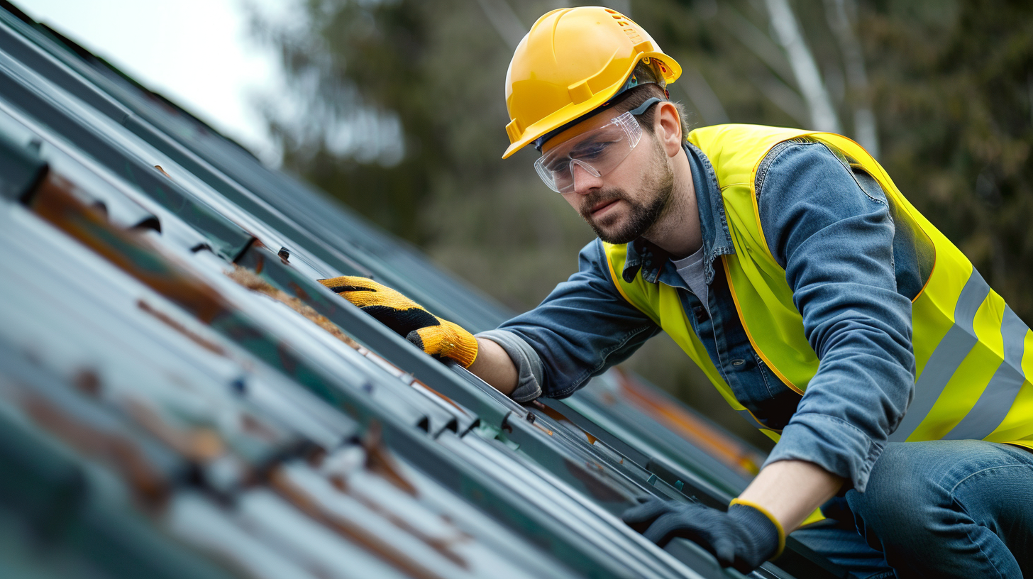 a contractor wearing PPE inspecting a metal roof