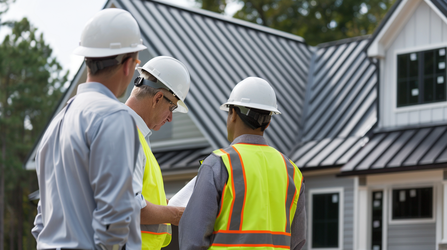Two skilled roofing contractors, identifiable by their white hard hats and high-visibility vests, are admiring a newly installed metal roof on a picturesque suburban home . One contractor carefully reviews the roofing plan, while the other points out the impeccable craftsmanship of the metal roof.