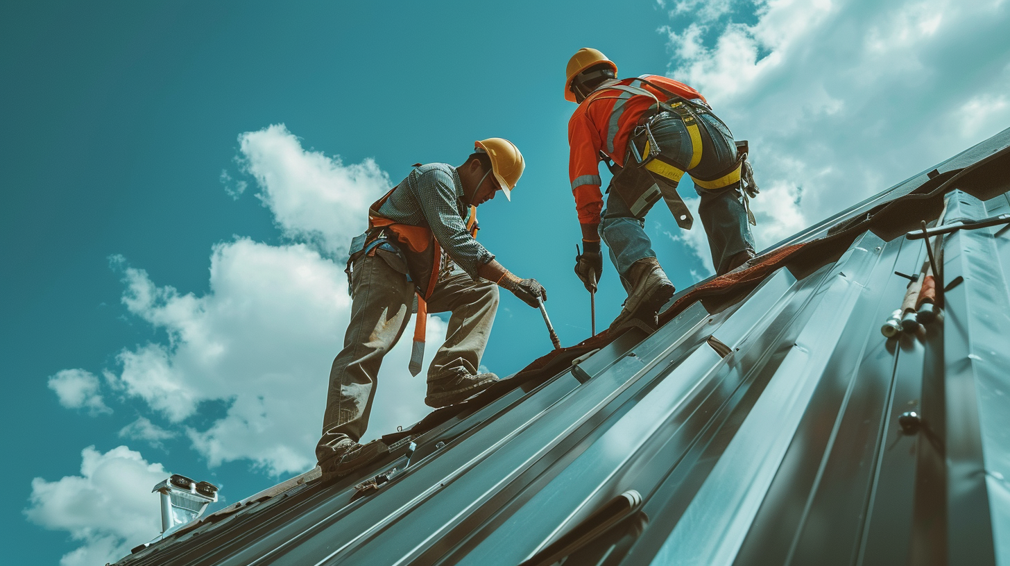 A photograph of two sheet metal workers, wearing safety gear, actively installing a metal roof.