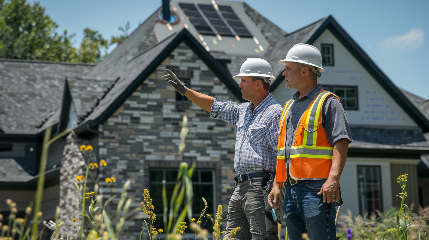Two skilled roofing contractors, on a pitched roof, identifiable by their white hard hats and high-visibility vests, are admiring a newly installed asphalt shingles roof on a picturesque suburban home.