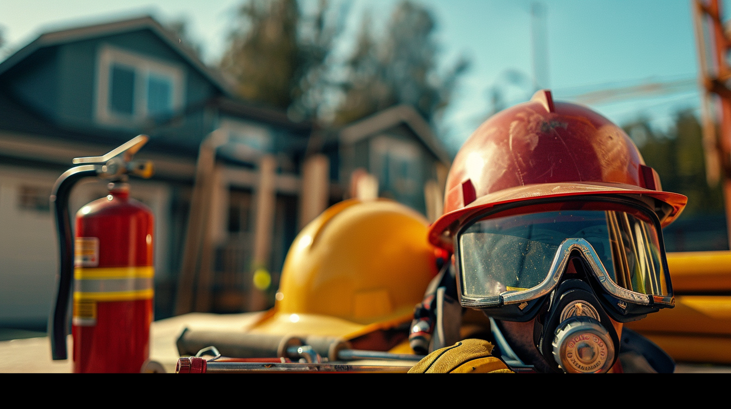 PPE includes items such as safety goggles, helmets, gloves, and fire extinguishers at a residential roofing job site
