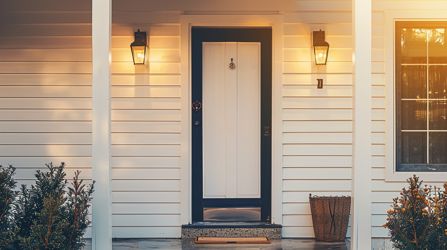 pretty front door on the porch with white siding, the porch is on the left side of the home, welcoming family home.