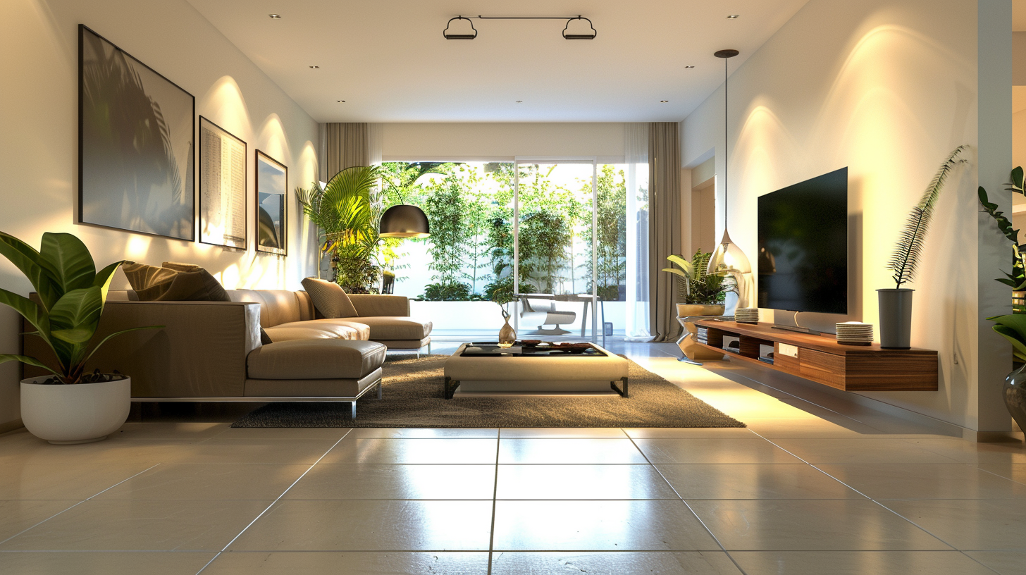 Create a highly detailed digital photograph of a Luxurious living room with ceramic floors. Big TV, oak hardwood furniture, oversized and modern lights.