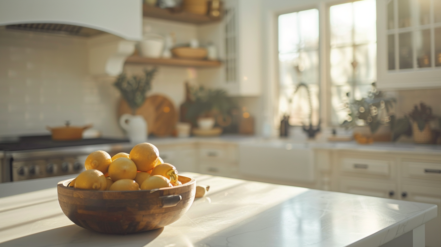 Editorial Style photo, eye-level camera angle, modern style farmhouse, kitchen, the island as a focal point, wolf appliances, white tones, afternoon, cozy Mood, Contemporary Architecture