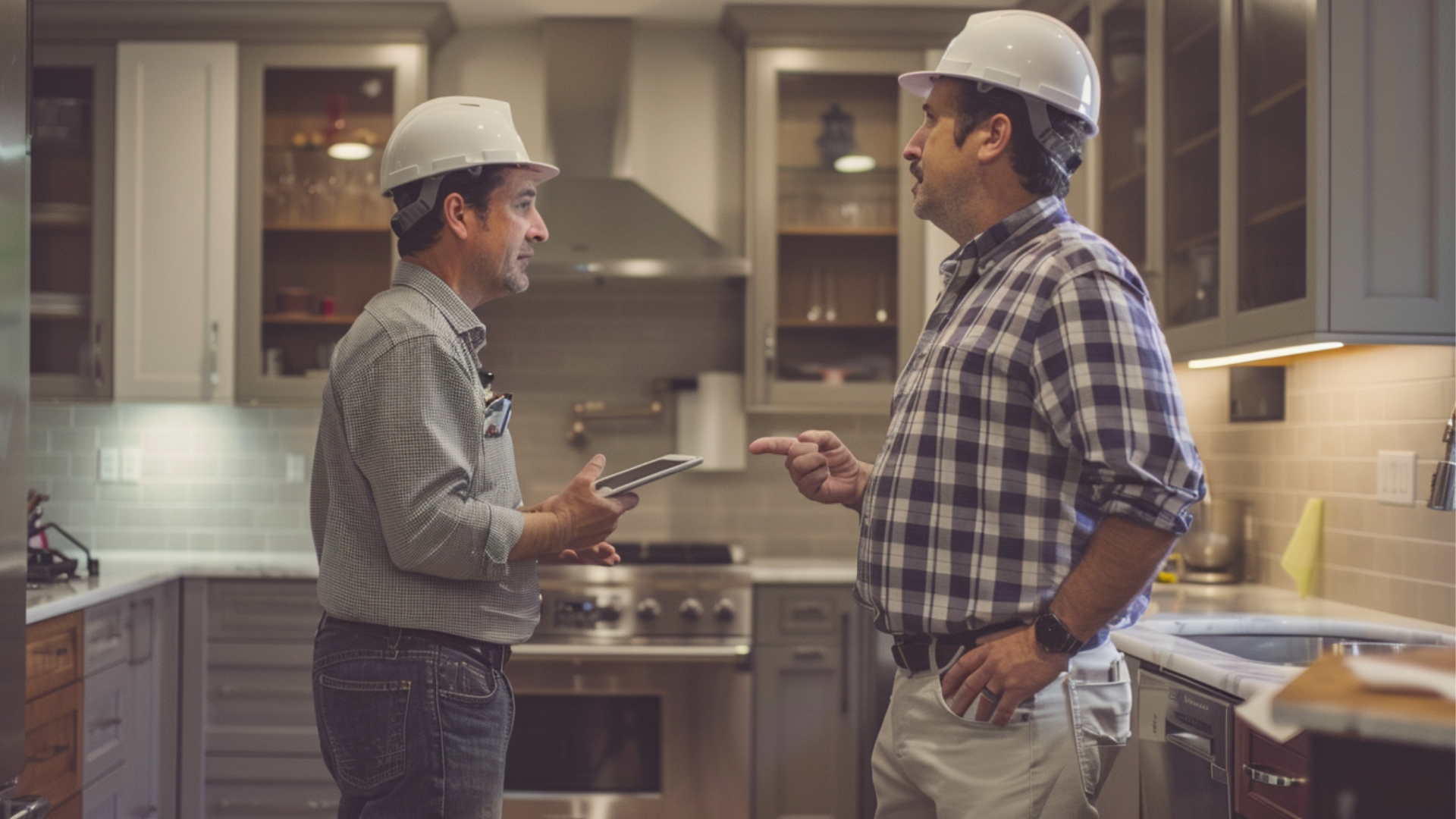 Visualize a scene set in a modern, well-lit kitchen. In the foreground, a man wearing a white hard hat is engaged in a discussion with a customer