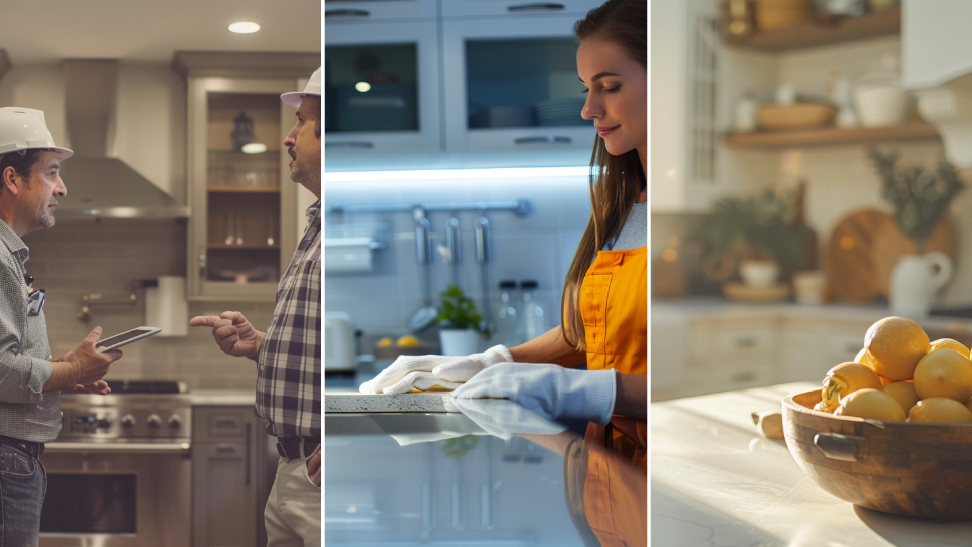 clean, modern kitchen with the cleaning lady in the foreround, wide shot. Visualize a scene set in a modern, well-lit kitchen. In the foreground, a man wearing a white hard hat is engaged in a discussion with a customer. Editorial Style photo, eye-level camera angle, modern style farmhouse, kitchen, the island as a focal point, wolf appliances, white tones, afternoon, cozy Mood, Contemporary Architecture