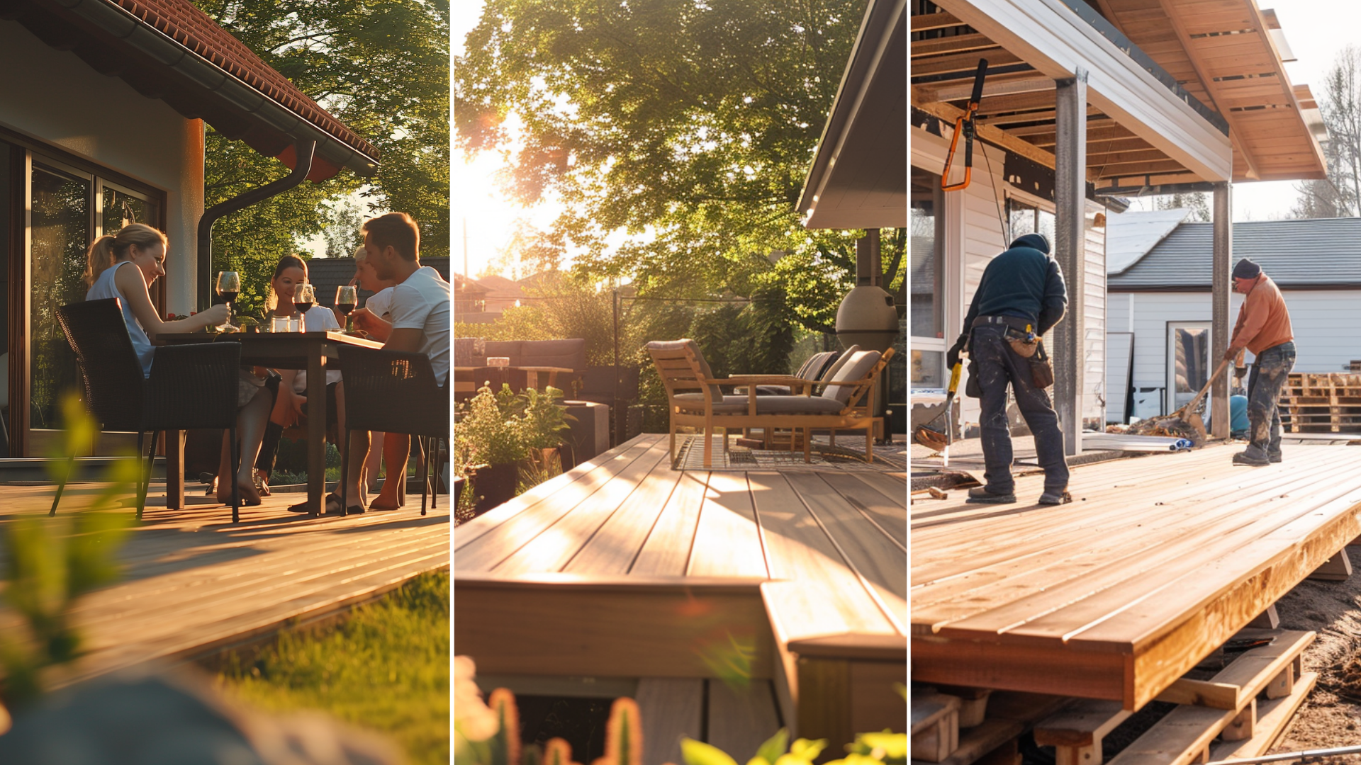 The diversity and allure of modern American backyards feature stunning contemporary deck installations. a team of contractors installing a modern porch wood decking. two people and a child having a nice dinner with a glass of wine on the beautiful modern backyard with a wood deck