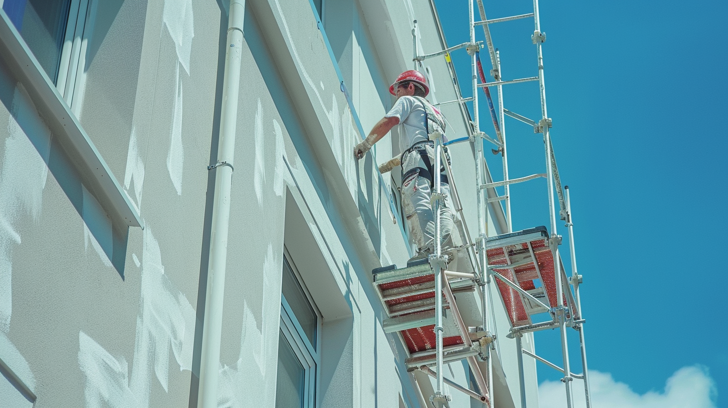 Painters are working outside, painting a building and renovating the look of the white office building with windows.