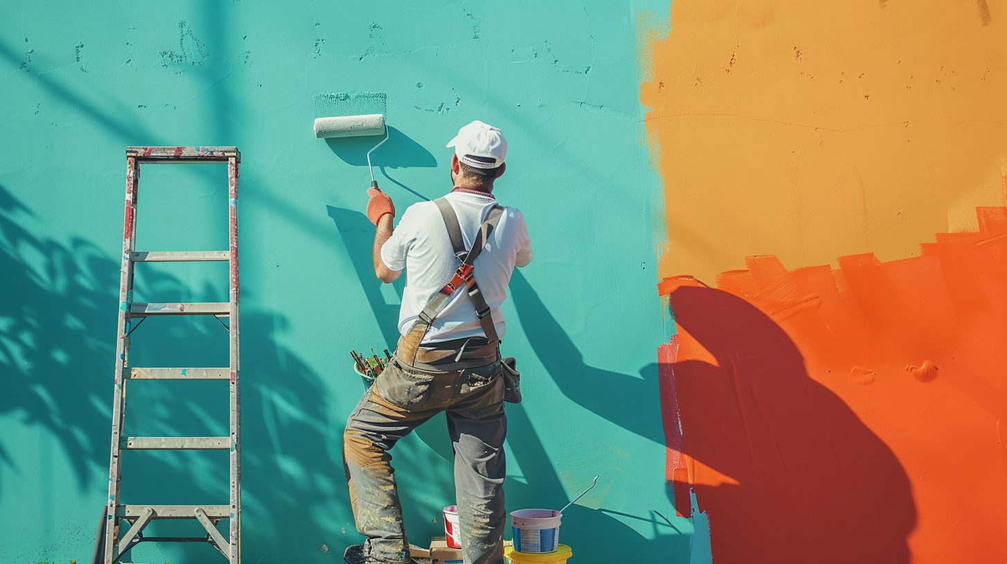 The scene depicts a professional and cheerful painter in a clean uniform, painting a outdoor wall with a roller in a bright, well-lit outdoor wall. The wall is half-painted in a vibrant color, contrasting the painted and unpainted areas. Various painting tools like brushes, a paint tray, and a ladder are neatly arranged nearby. The environment looks residential and inviting, suggesting high-quality artistry and attention to detail.