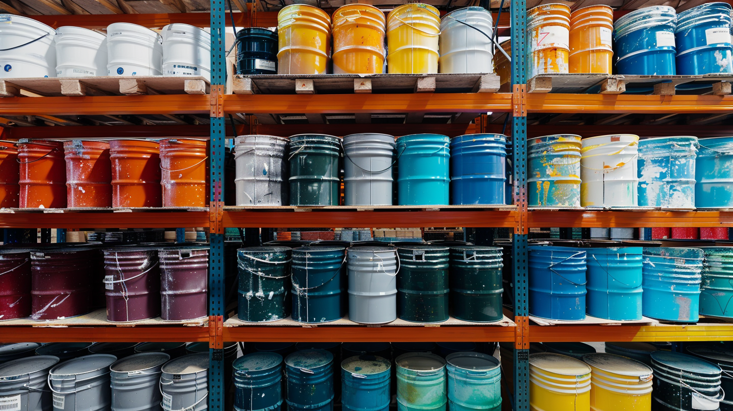 dozens of paint buckets sit on shelves in a warehouse