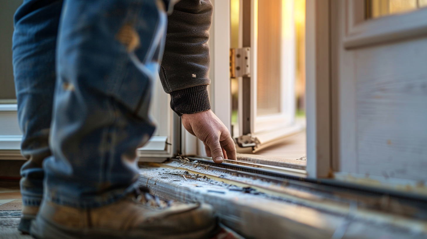 A close-up view of a homeowner inspecting the weatherstripping around a door.