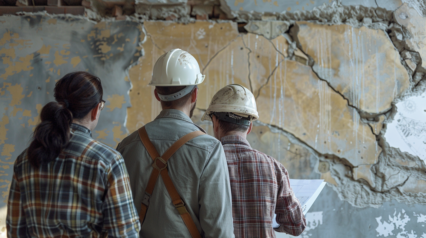 A group of 2 contractors and one designer inspecting the cracks on the wall of a renovation project with their backs turned, they are wearing safety hat and drawing plan. they are talking to each other.