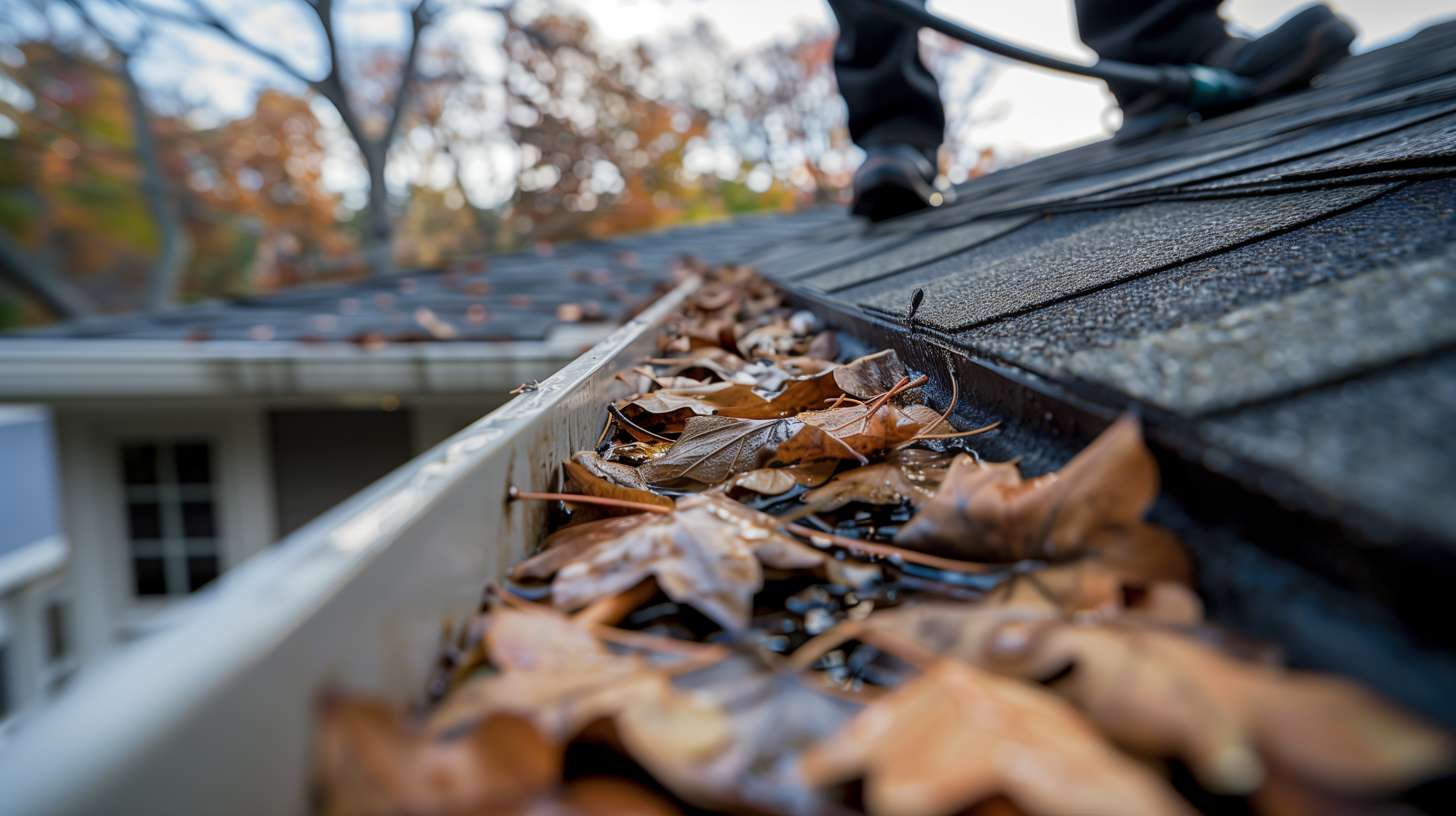 The gutter has leaves on a nice modern gable shingle roof that needs to be cleaned, and a worker is on top of the roof pressure washing the gutter.