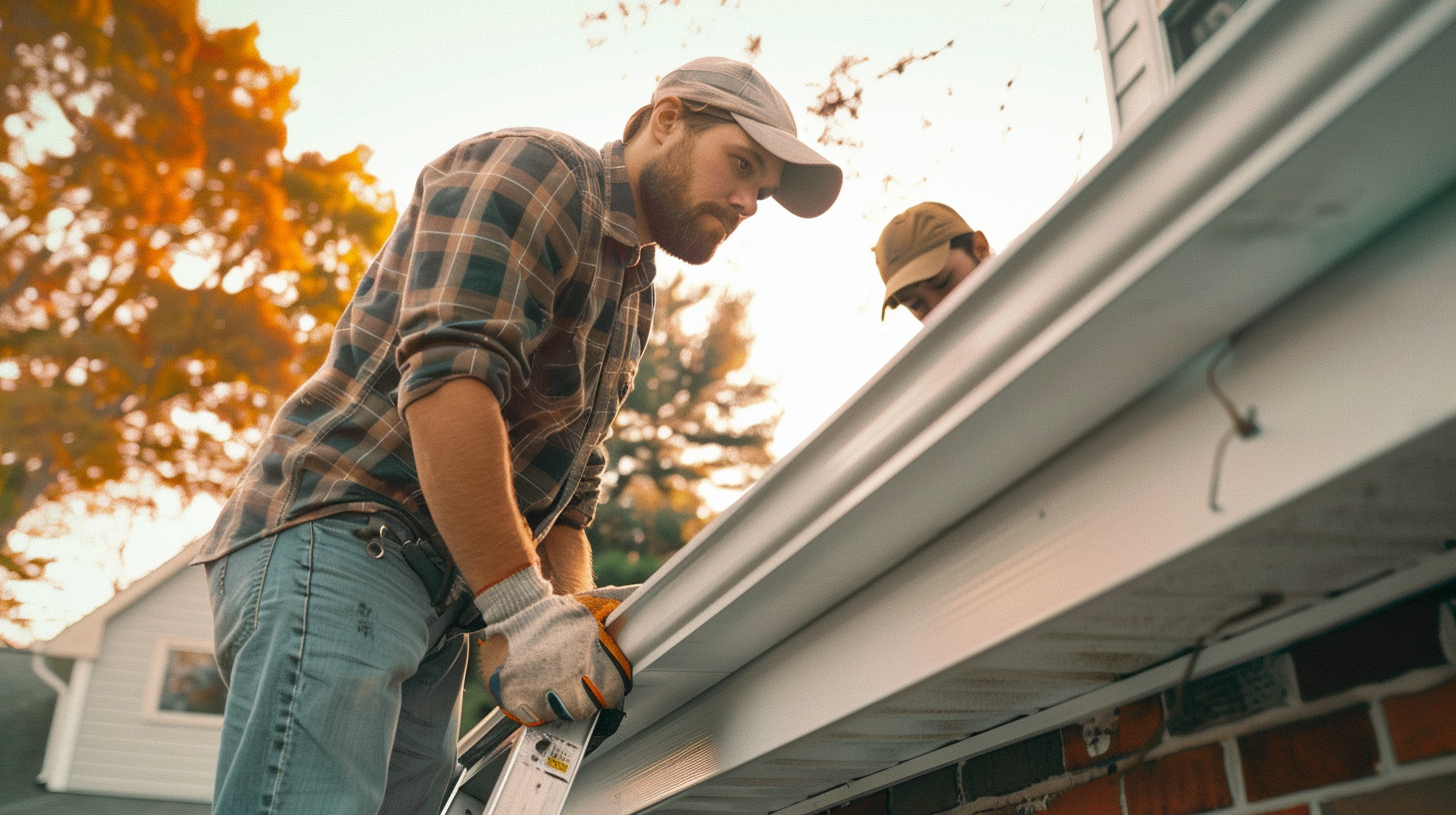 Roofers on a ladder outside a house installing gutters.