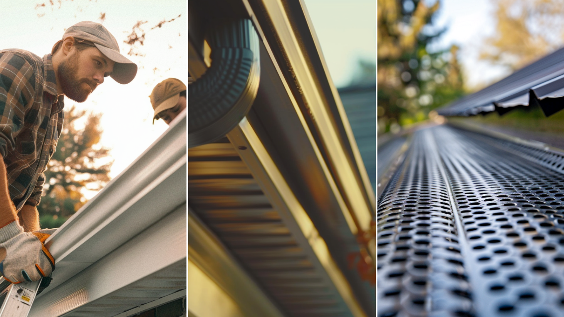 A close-up image highlighting common gutter problems, roofers installing gutters, and a gutter guard with a metal roof.