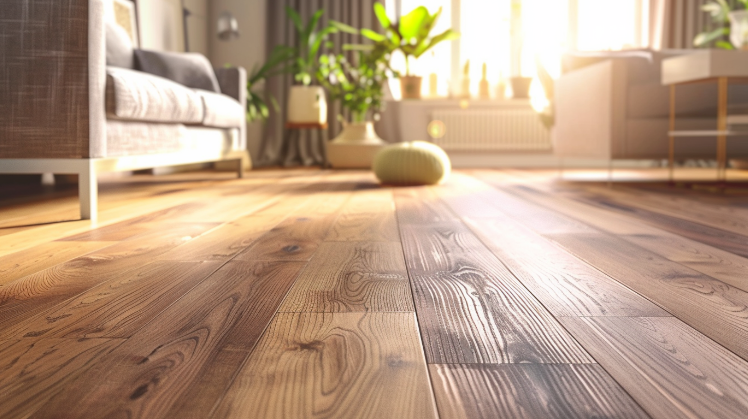 A modern living space with wooden brown hardwood flooring.