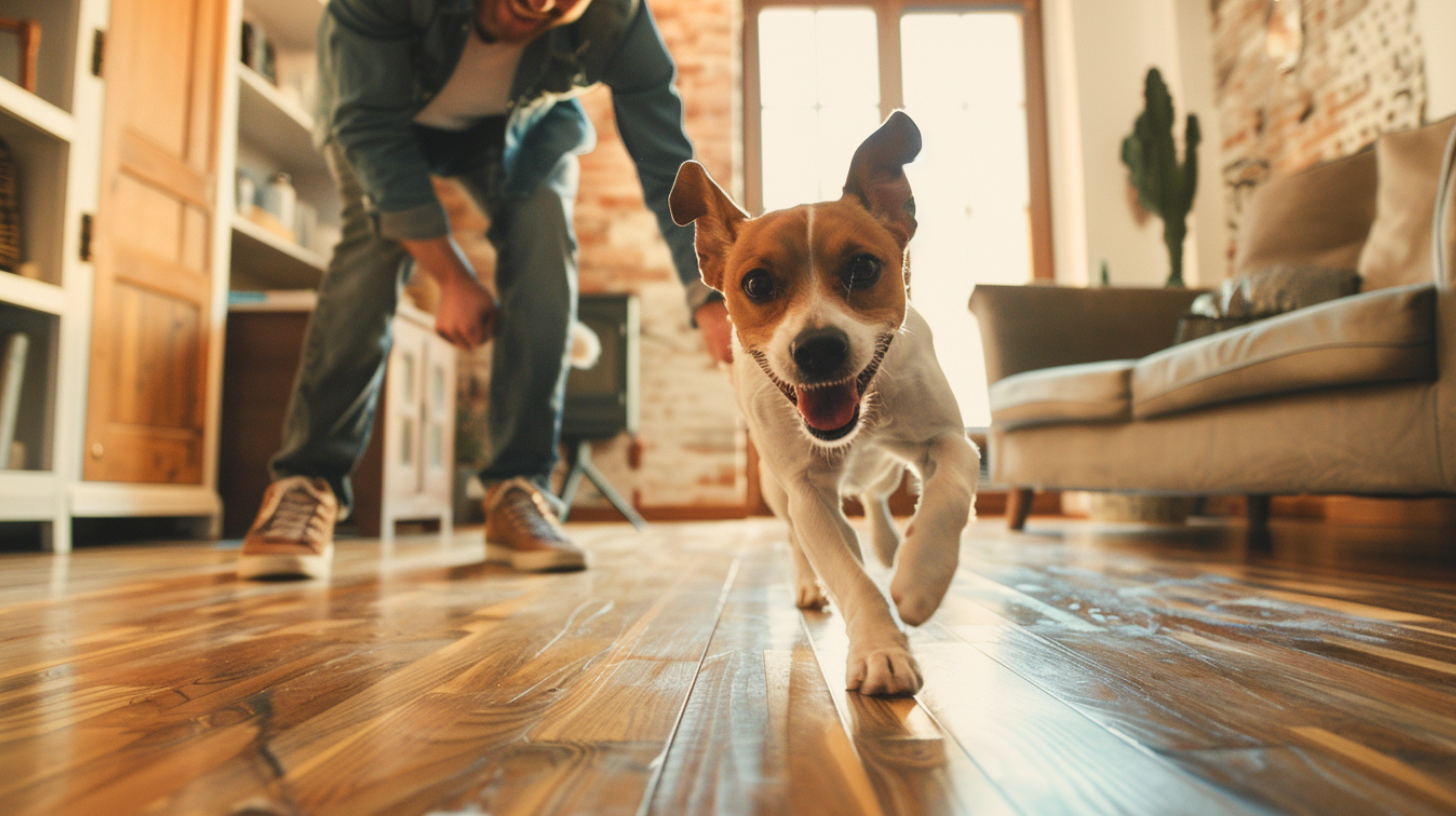 A man playing with his cute dog in the living room with hardwood flooring.