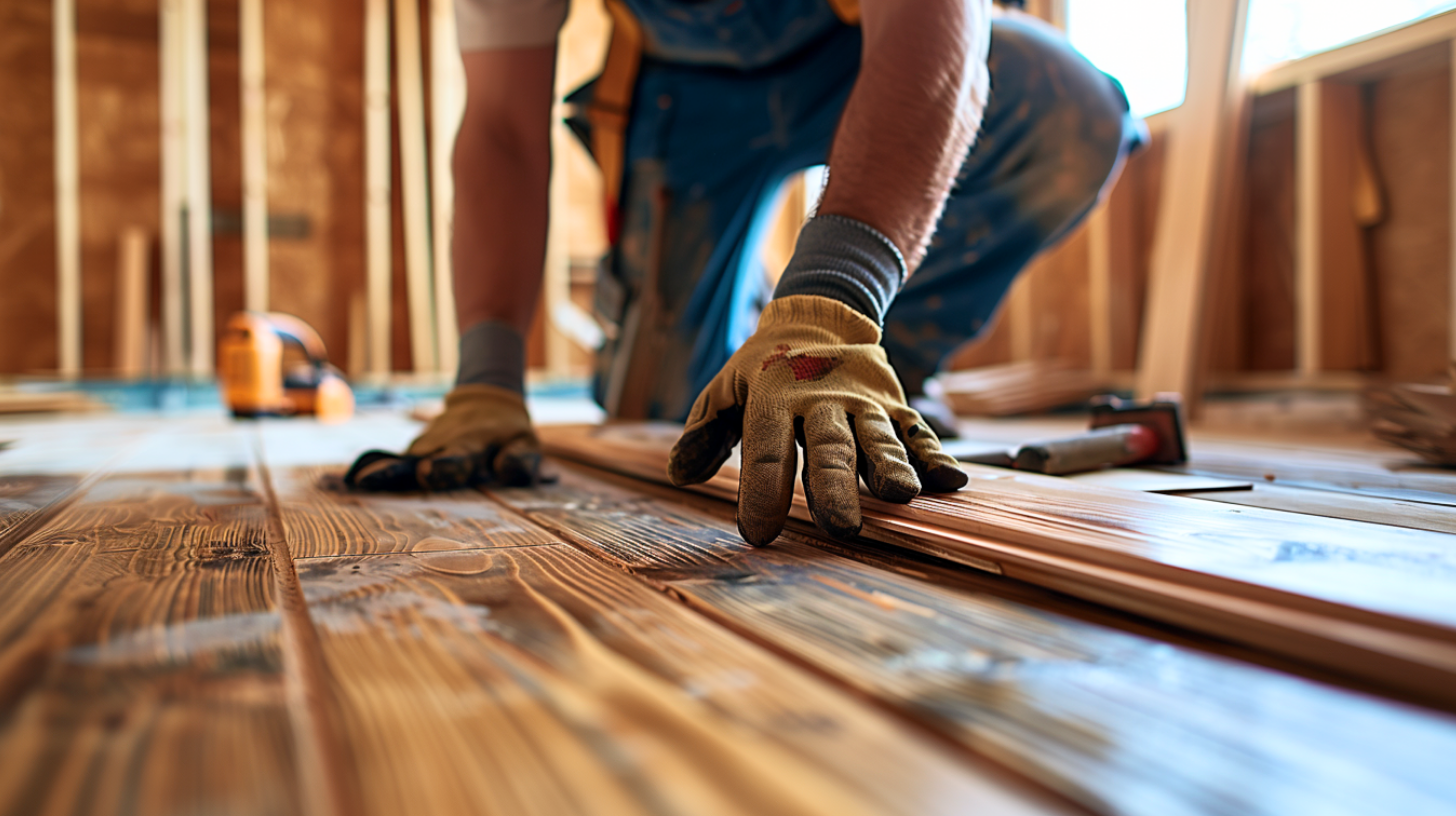 A man installing hardwood planks on the floor.