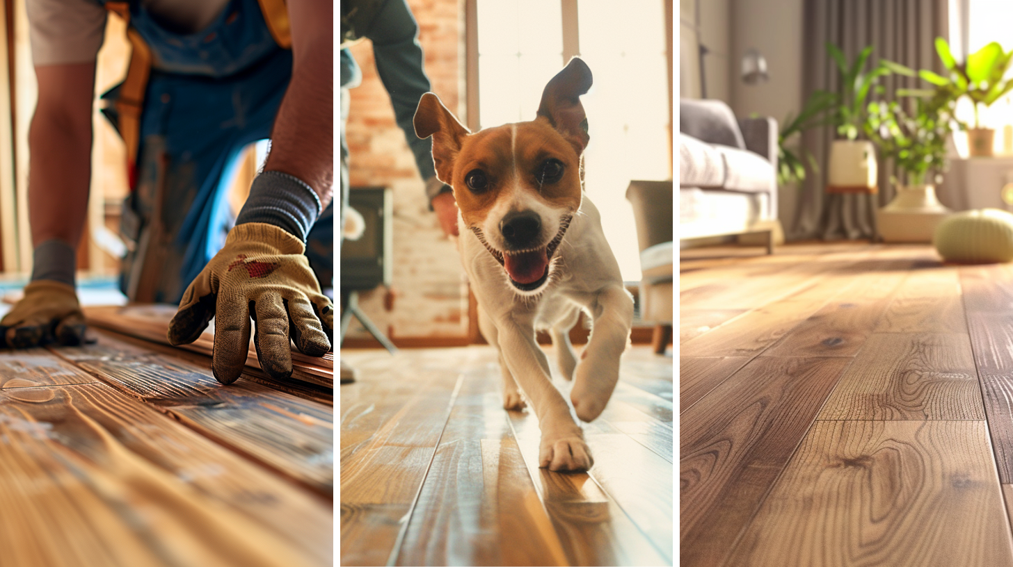 A man installing hardwood planks on the floor, a man playing with his cute dog in the living room with hardwood flooring, and a modern living space with wooden brown hardwood flooring.