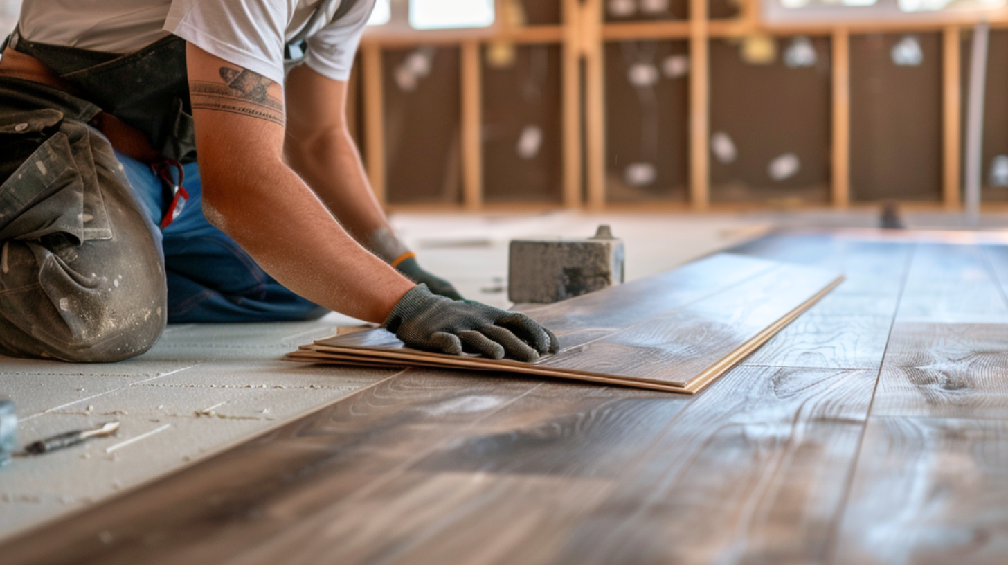 A construction worker installing a new laminate flooring.