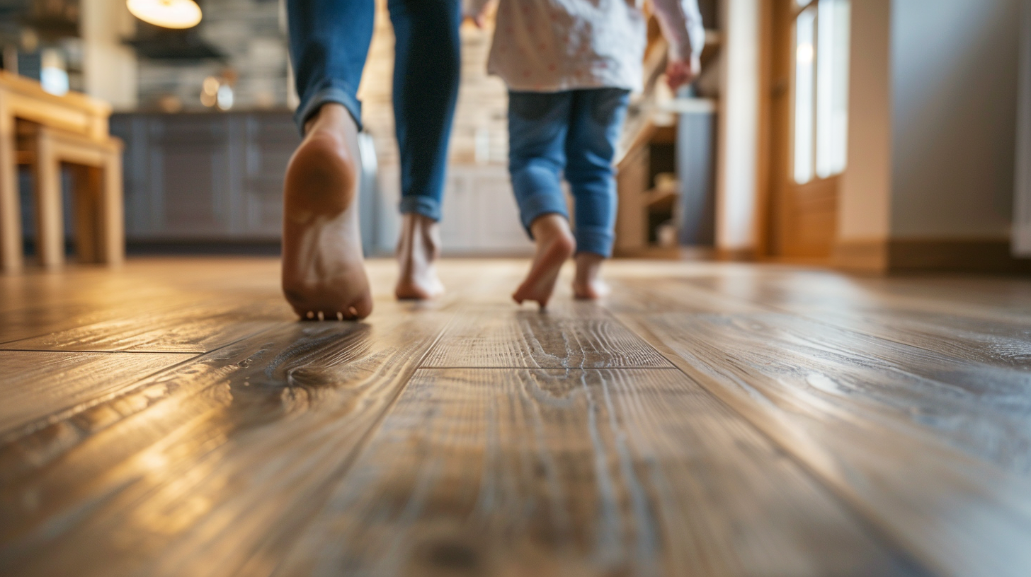 An interior design photo of a family's feet walking on a realistic vinyl wood plank flooring.