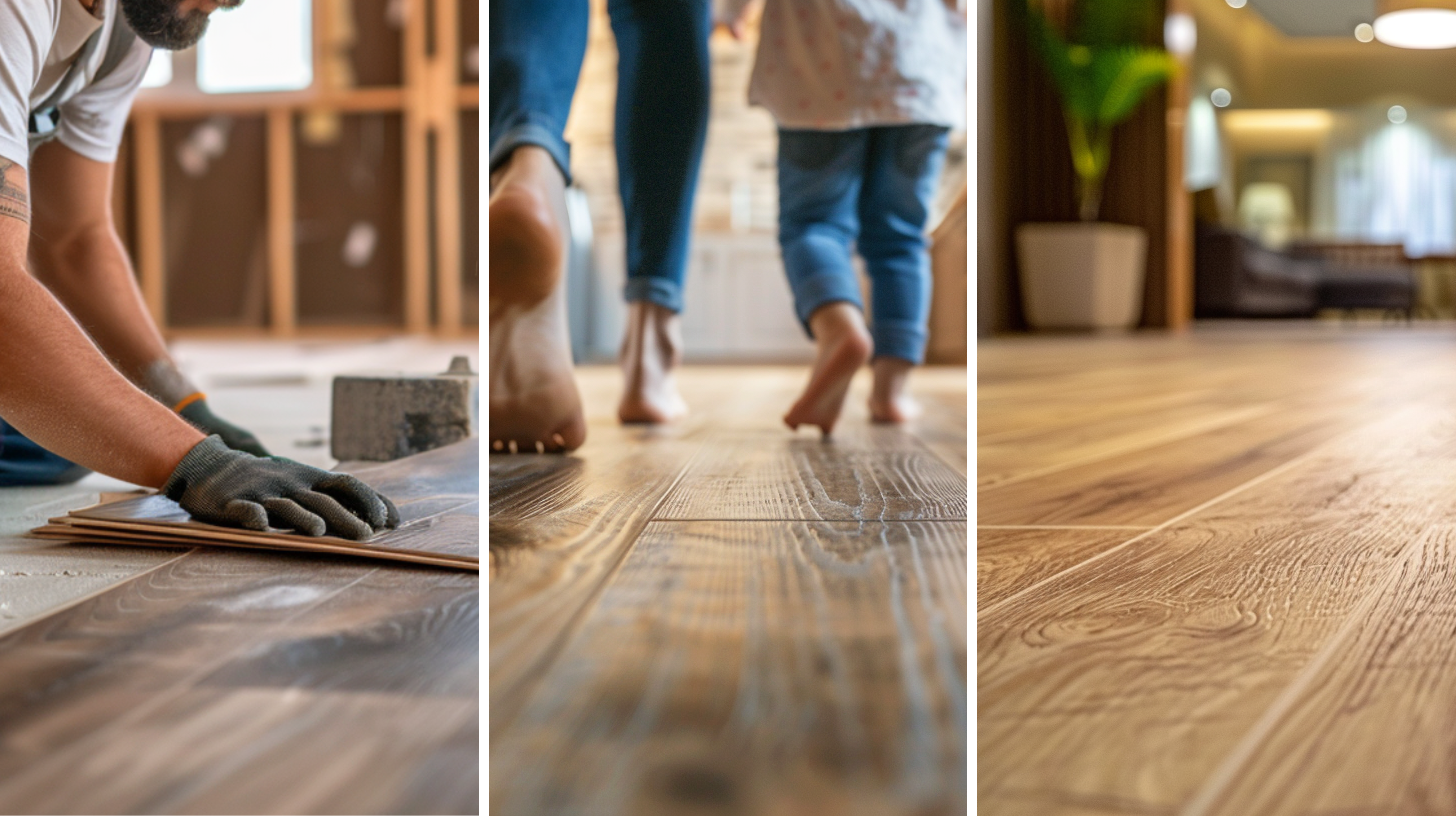 A construction worker installing a new laminate flooring, an interior design photo of a family's feet walking on a realistic vinyl wood plank flooring, and a modern and elegant interior space with laminated floor.