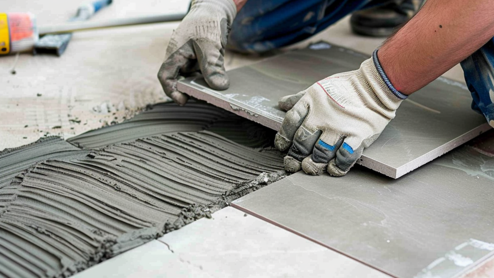 A construction worker installing tiles.