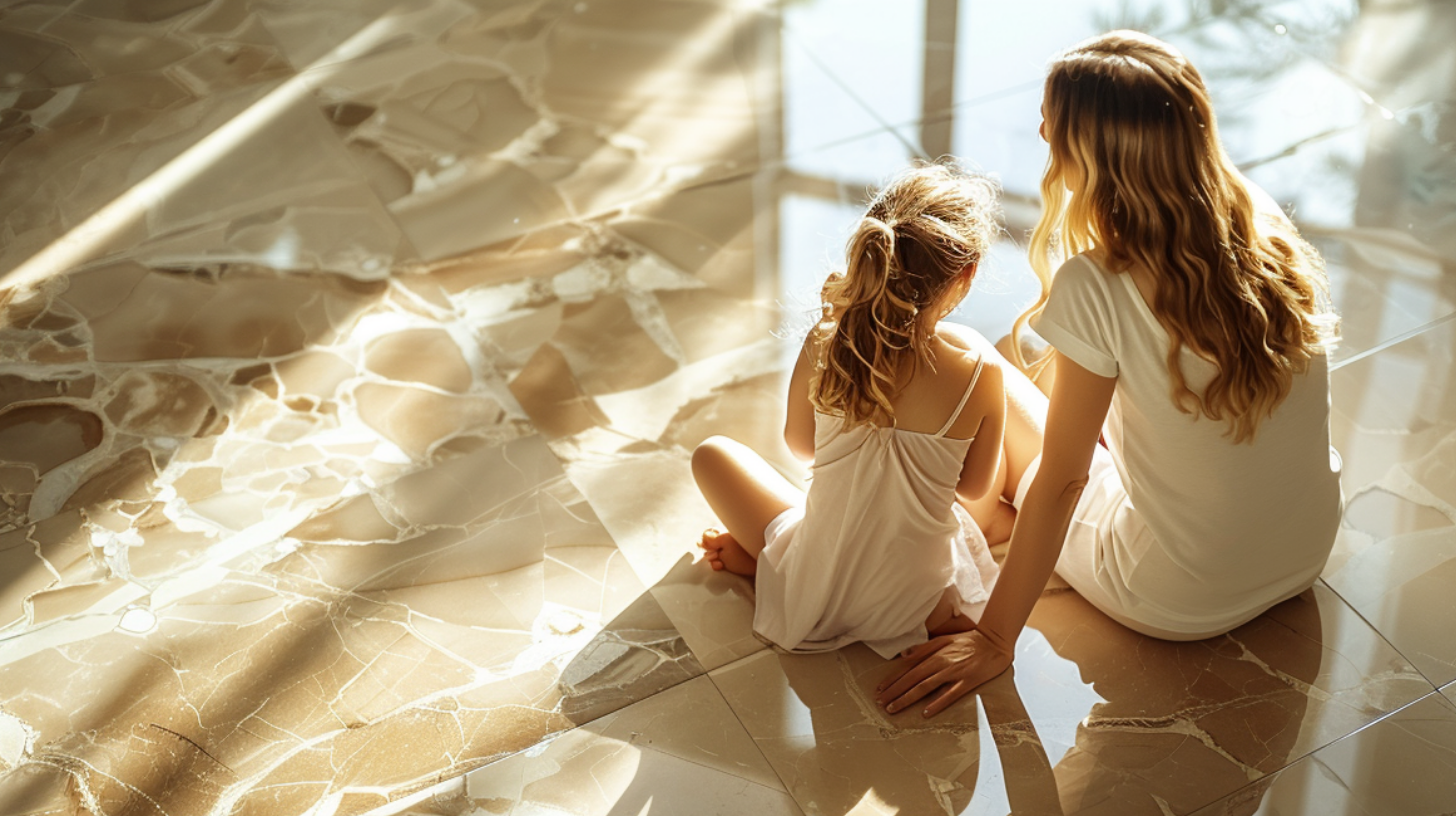 A mother and daughter seated on a ceramic floor tiles.