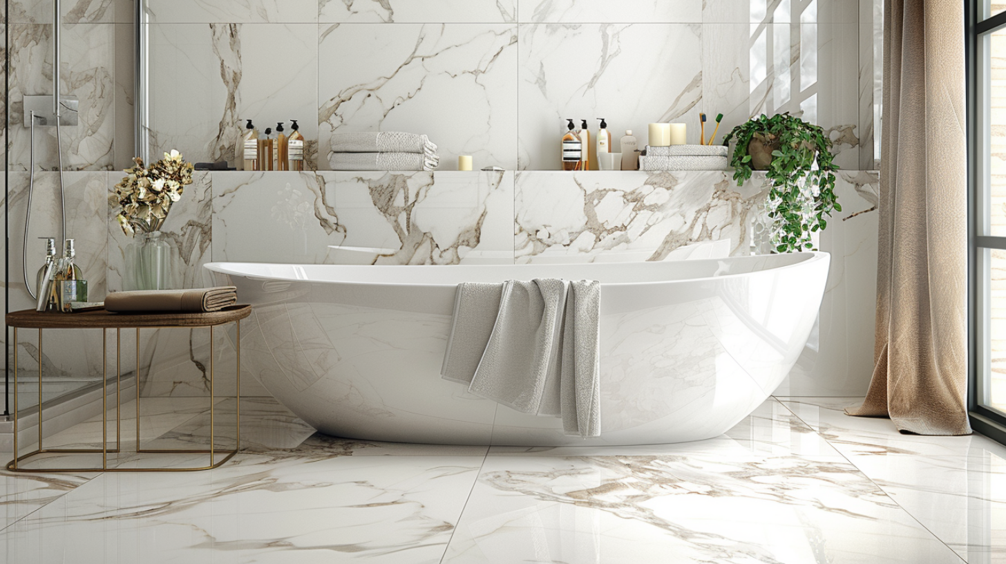 An image showcasing marble-style floor tiles with matching backsplashes in a bathroom.