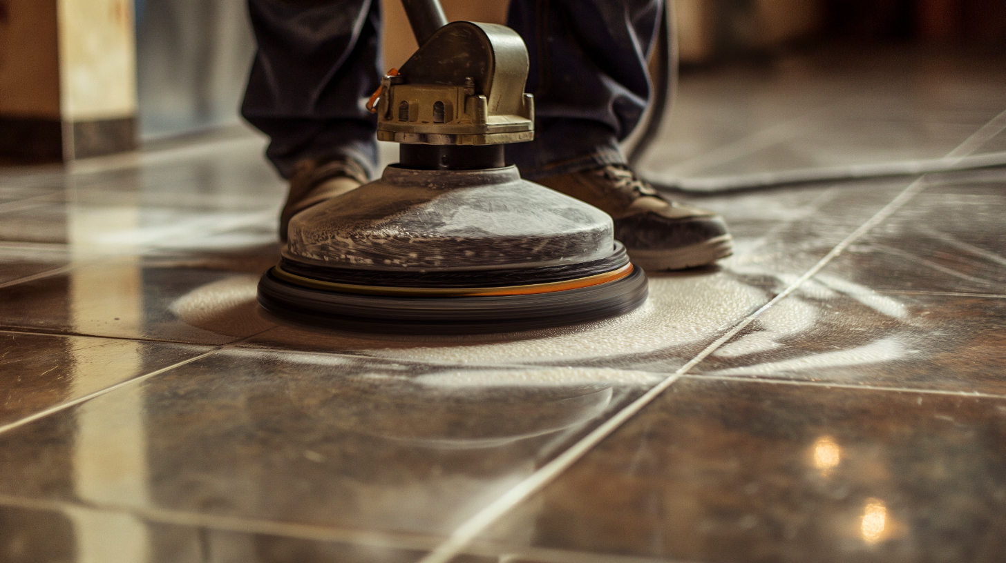 A flooring worker polishing tiled floor.