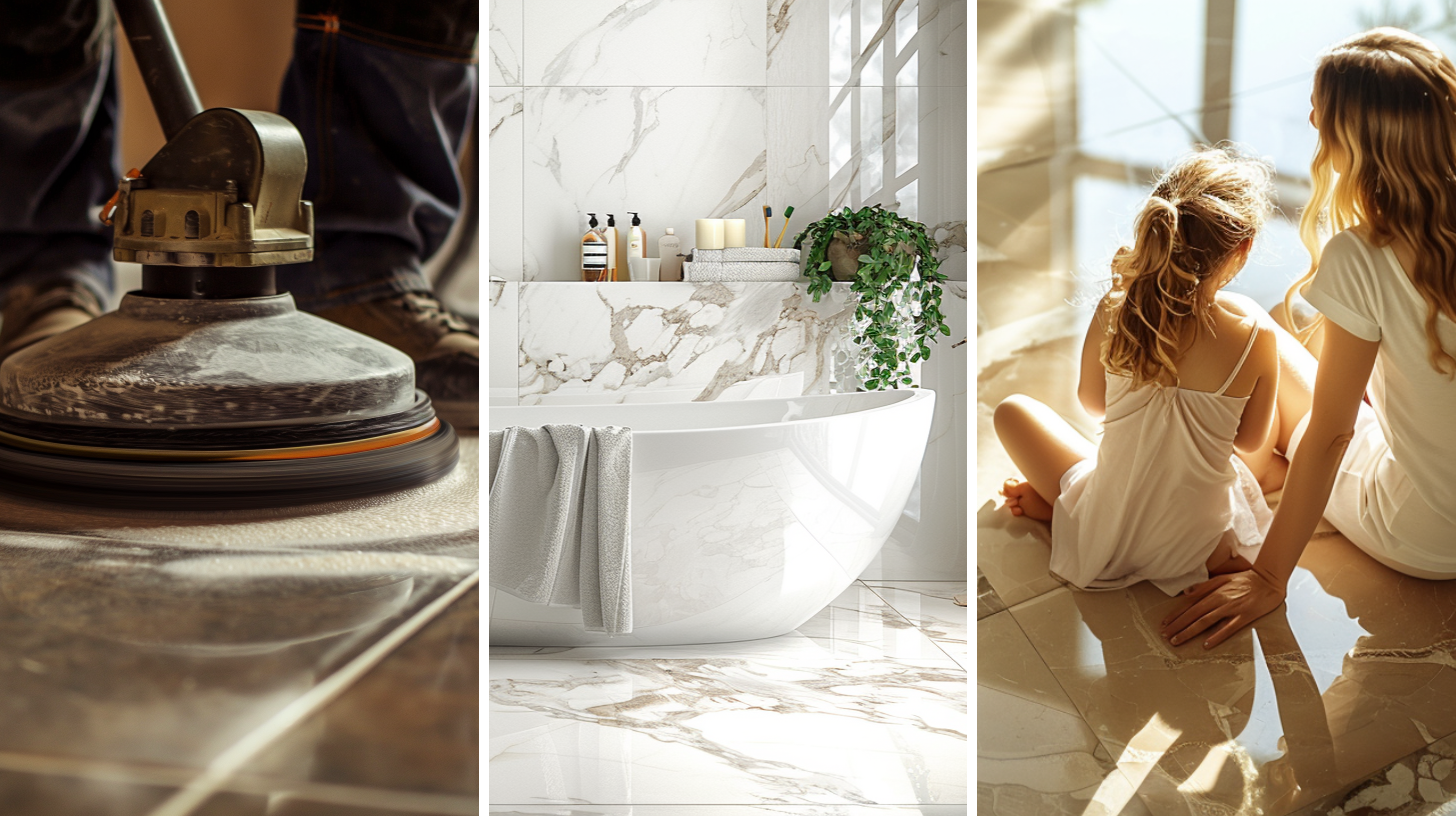 A flooring worker polishing tiled floor, an image showcasing marble-style floor tiles with matching backsplashes in a bathroom, a mother and daughter seated on a ceramic floor tiles.