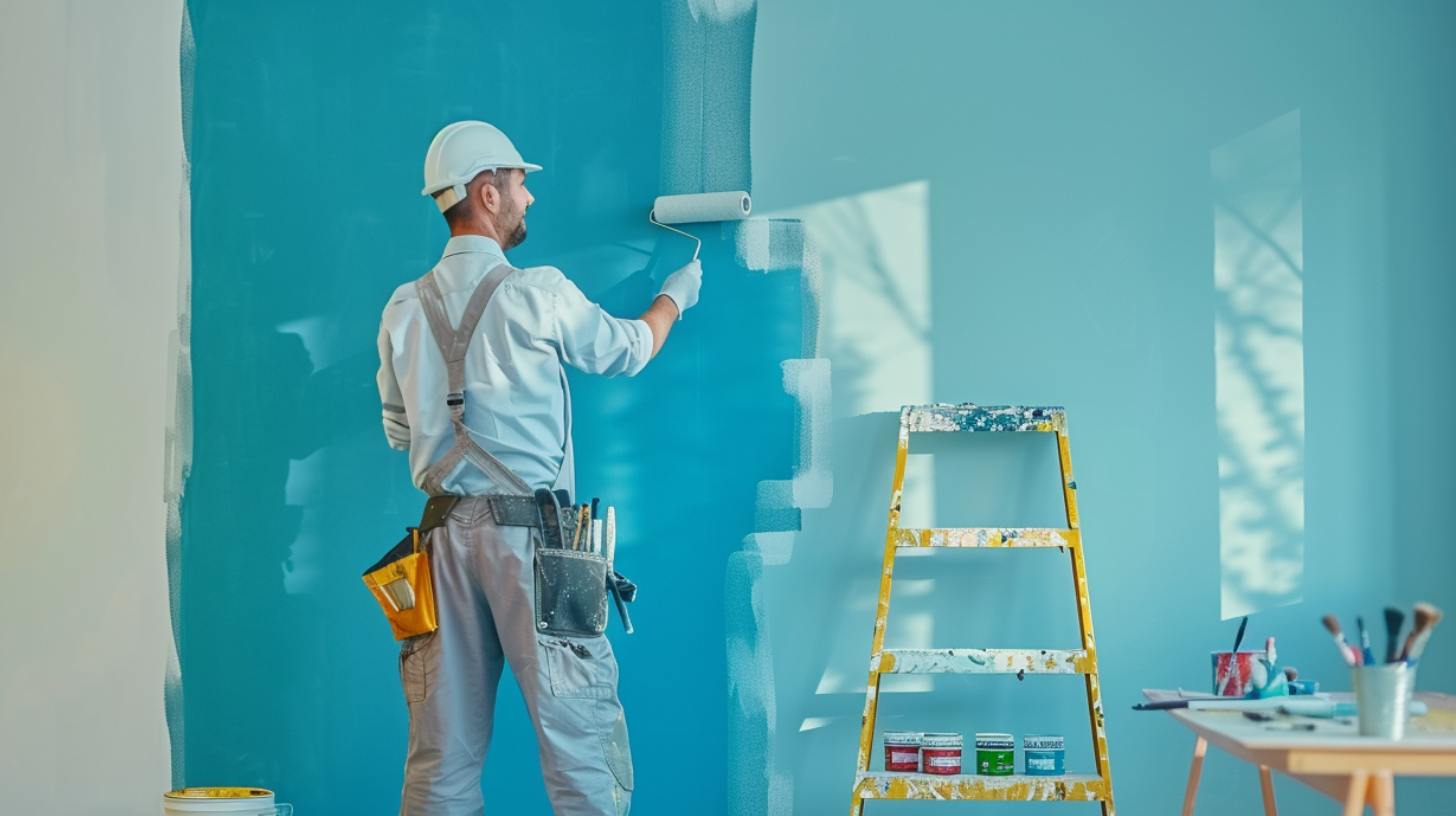 A professional and cheerful painter in a clean uniform, painting a wall with a roller in a bright, well-lit room.