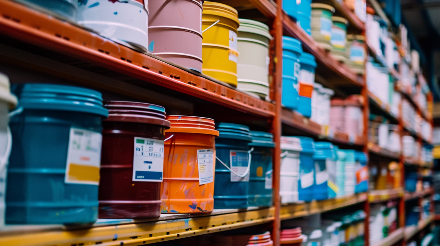 Dozens of paint buckets sitting on shelves in a warehouse.