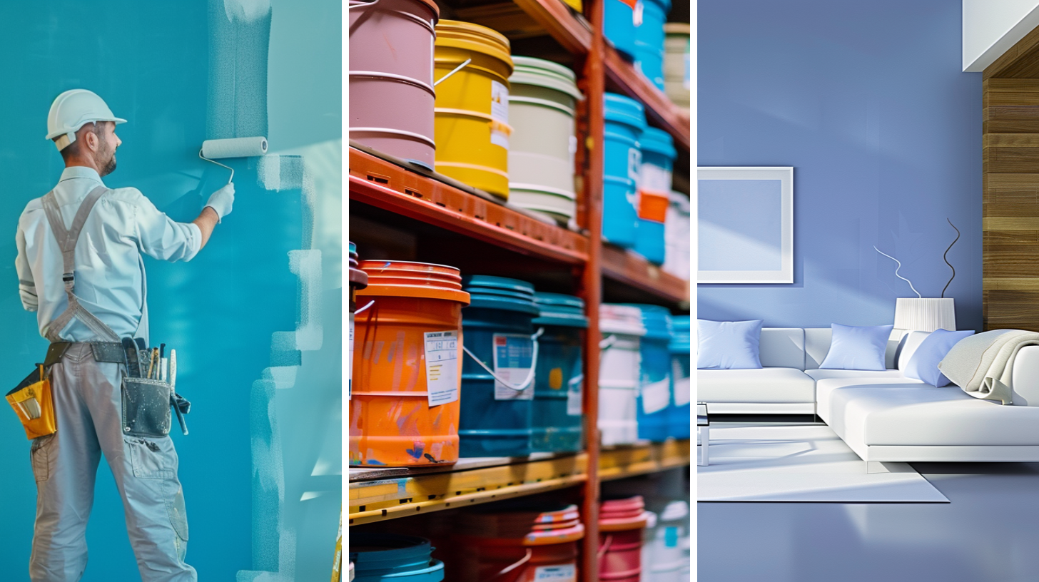 A professional and cheerful painter painting a wall, dozens of paint buckets sitting on shelves in a warehouse, and a house interior featuring a cohesive and clean design with blue and white paint colors.