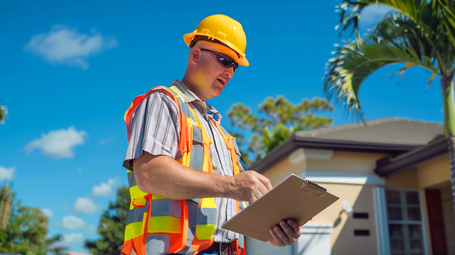 A contractor is checking the roofing project on-site.