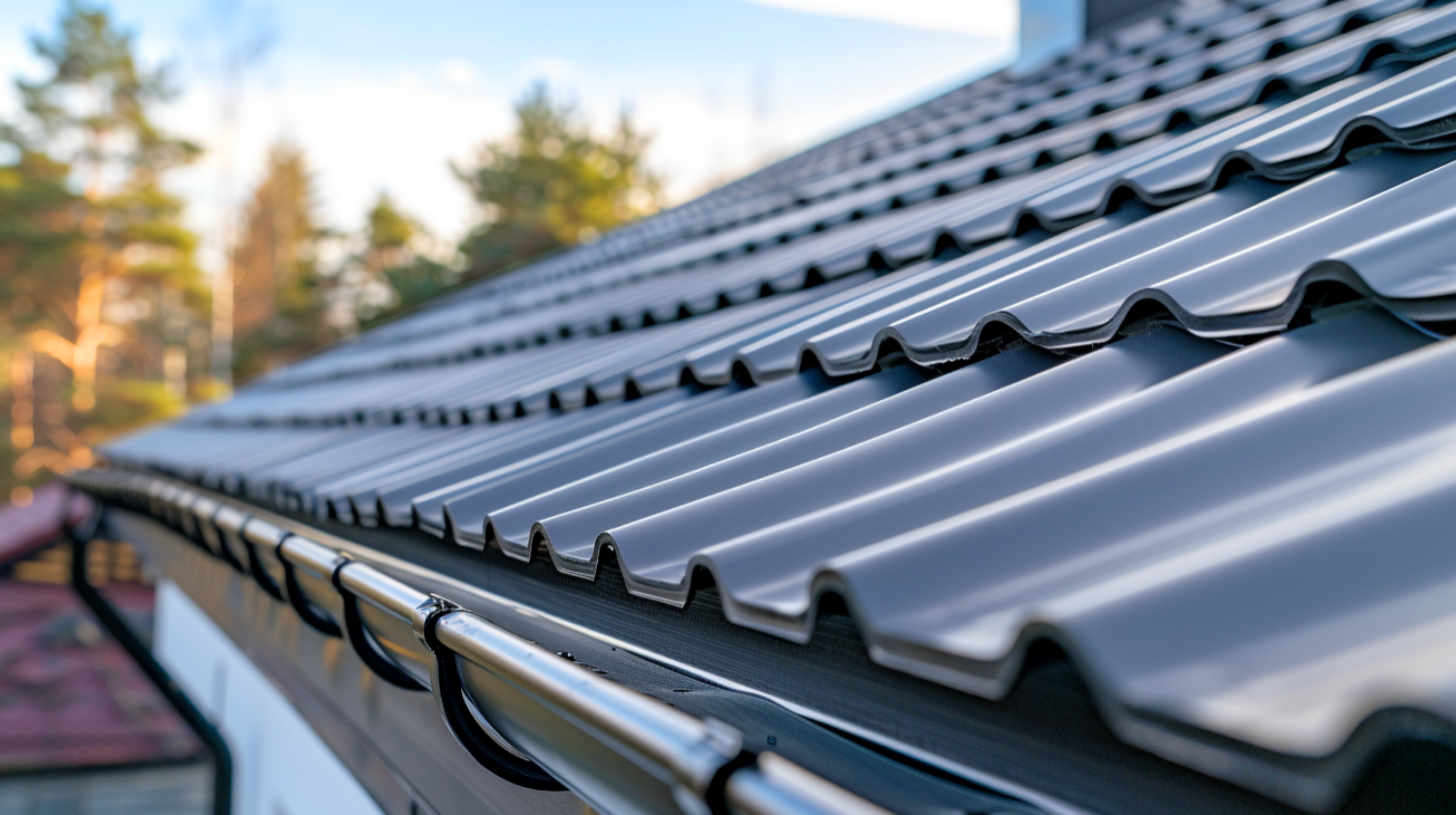 A roof with newly installed metal roof shingles.