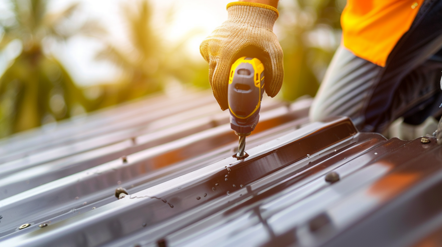 A professional roofer is repairing a metal roof.